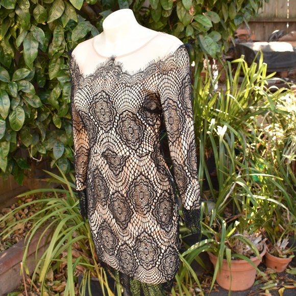 VINTAGE SNIDEL BODYCON JAPANESE LACE OVER NUDE SZ SM DRESS - Picture 3 of 8